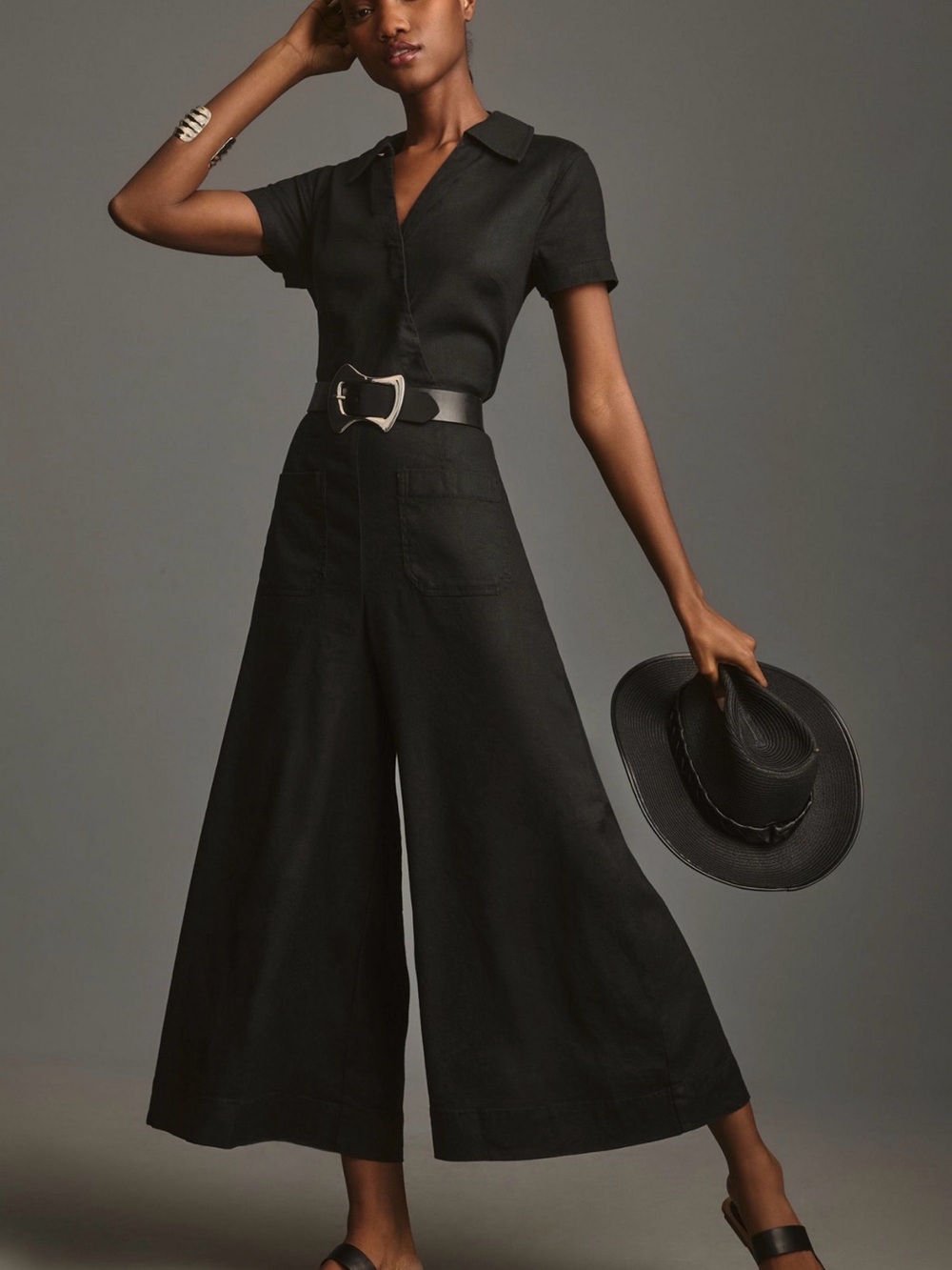Maeve Anthropologie Black Wide-Leg Cropped Jumpsuit, Short Sleeve, Size 2